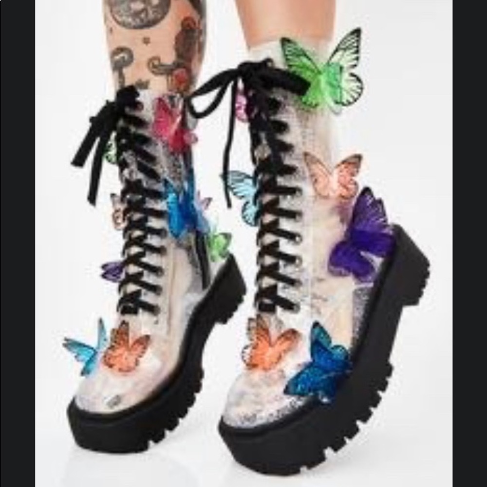 DOLLS KILL NEW (NEVER WORN) CLEAR BUTTERFLY BOOTS!